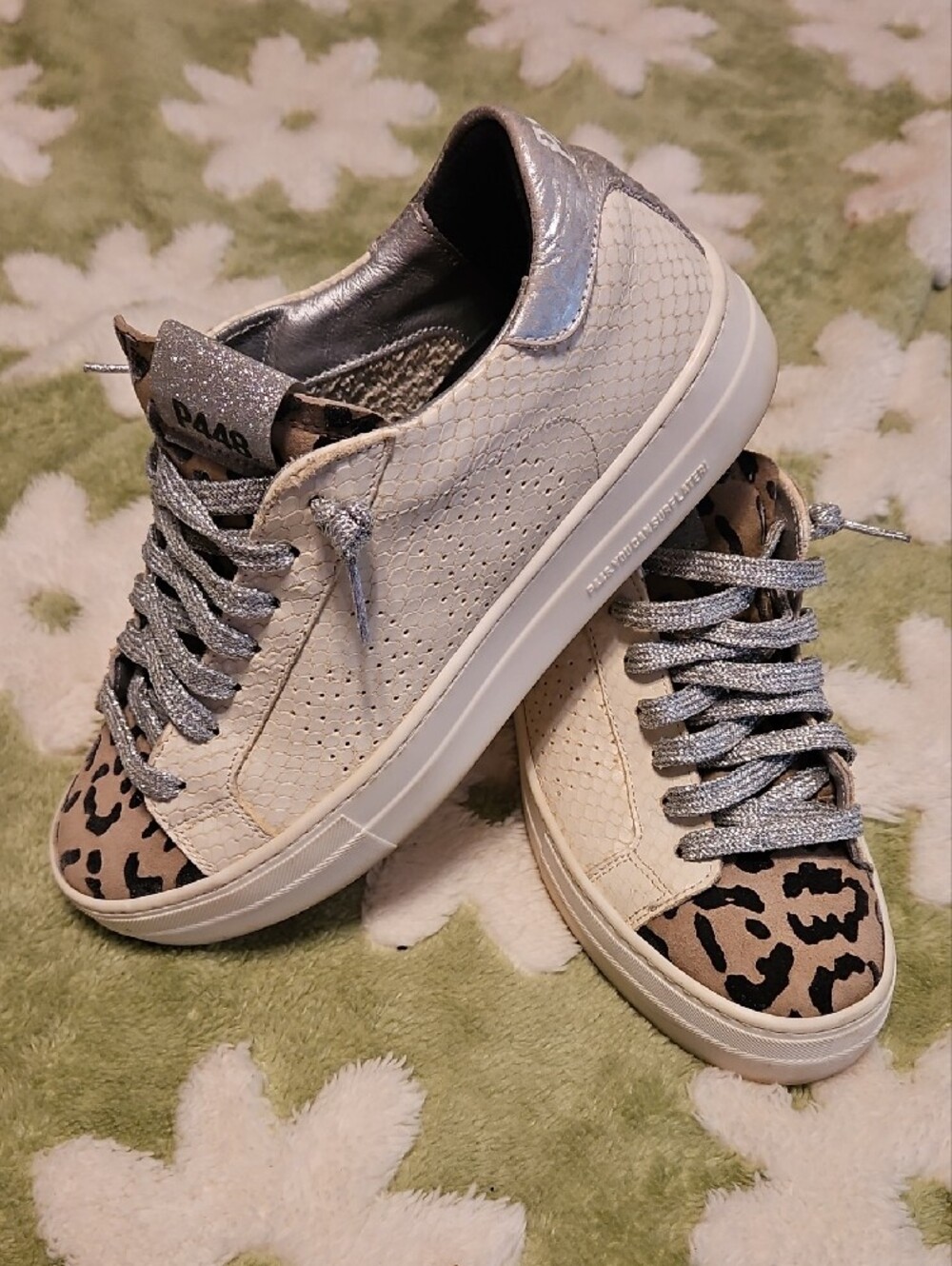 P448 Cream Leather Sneakers with Leopard Toe and Silver Accents